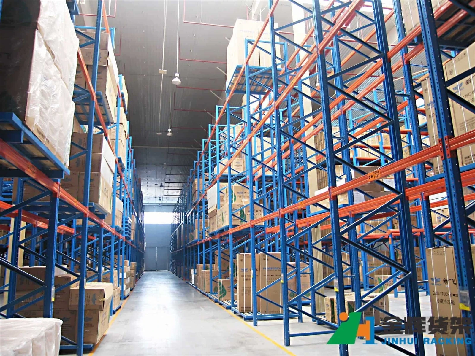 industrial pallet racking system with loaded pallets in warehouse